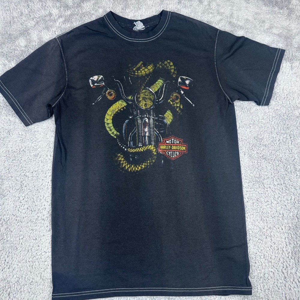 Harley-Davidson T-Shirt Mens Medium Black Snake Motorcycle Contrast Stitch Tee‎